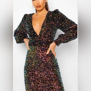 NWT Boohoo Sequin vneck Multicolor Dress size 10
